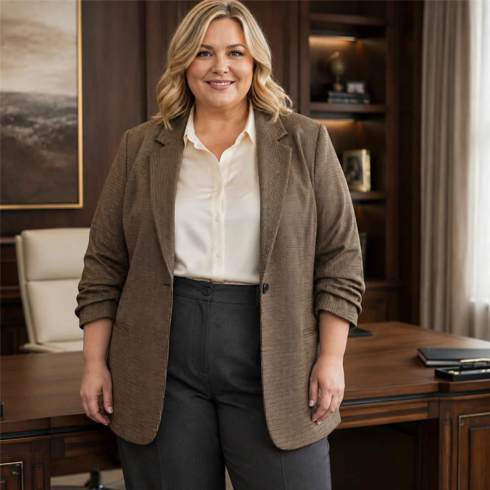 Women’s Plus Size Micro-Check Ruched Sleeve Blazer