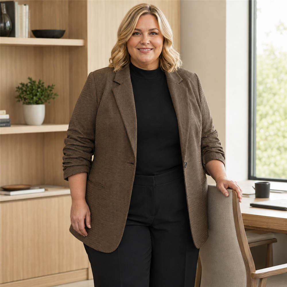 Women’s Plus Size Micro-Check Ruched Sleeve Blazer