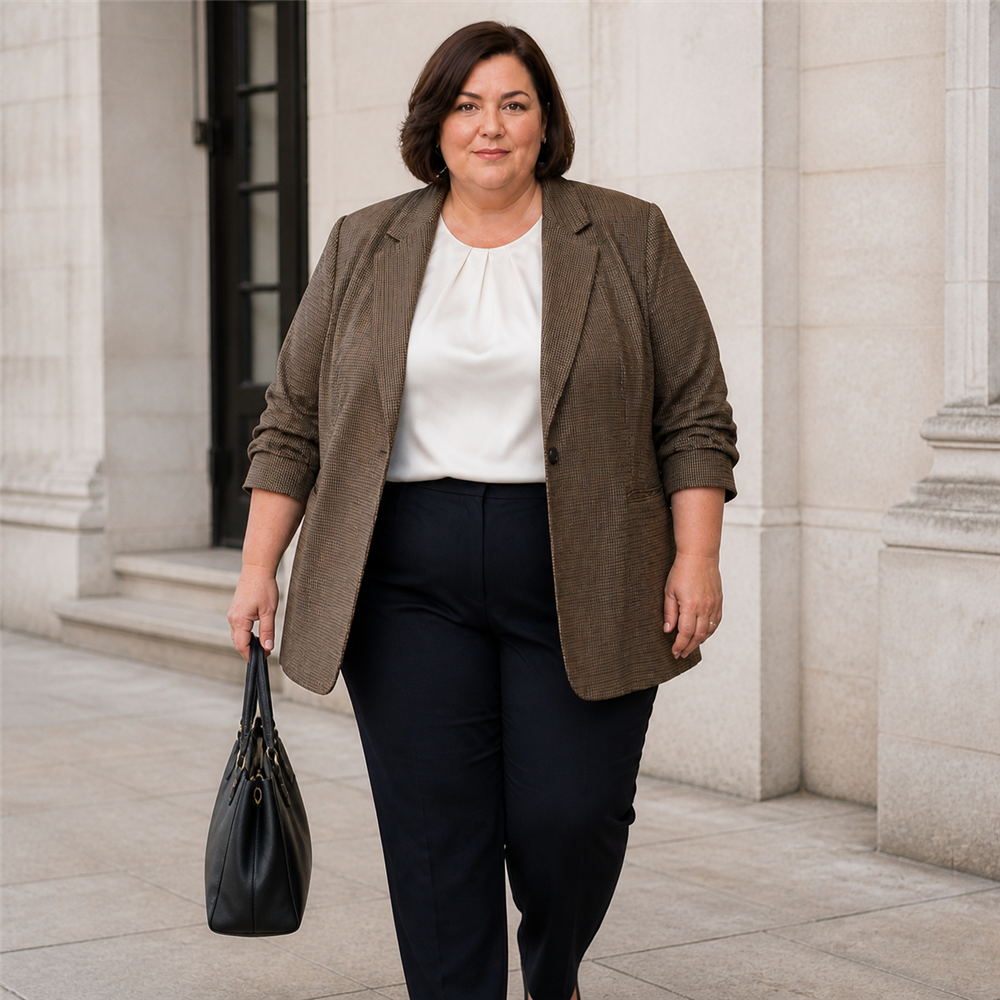 Women’s Plus Size Micro-Check Ruched Sleeve Blazer