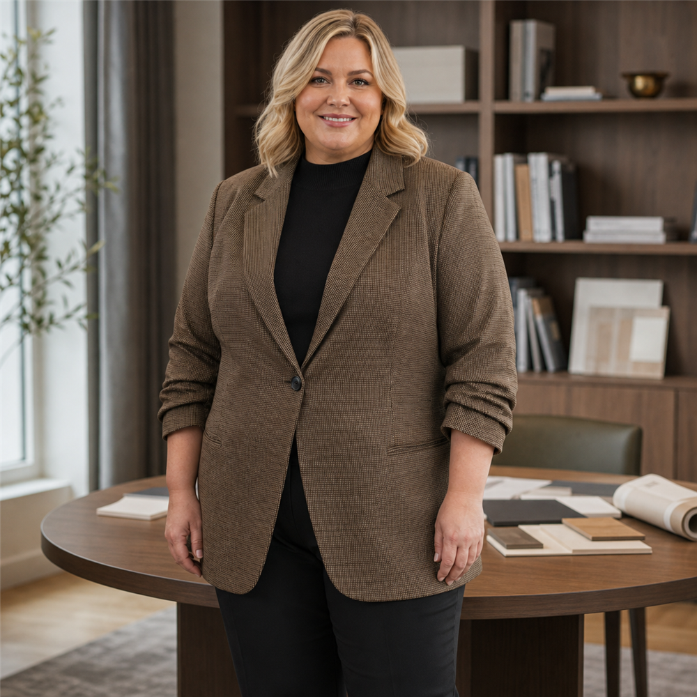 Women’s Plus Size Micro-Check Ruched Sleeve Blazer