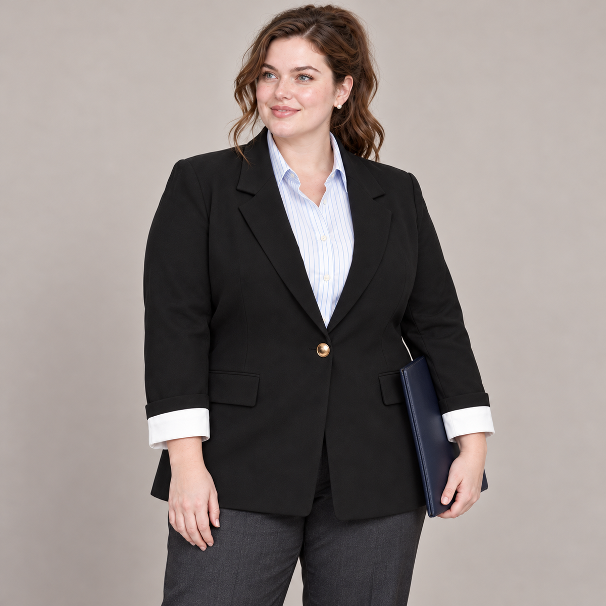 Women’s Plus Size Black Contrast-Cuff Blazer