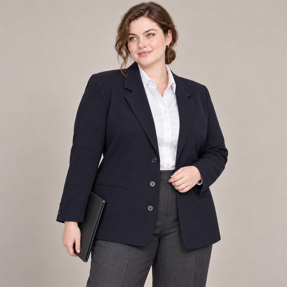 Women’s Plus-Size Navy Three-Button Workwear Blazer
