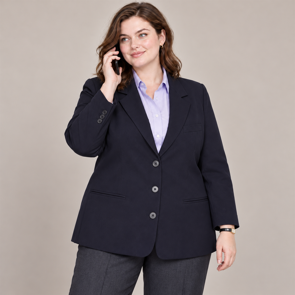 Women’s Plus-Size Navy Three-Button Workwear Blazer