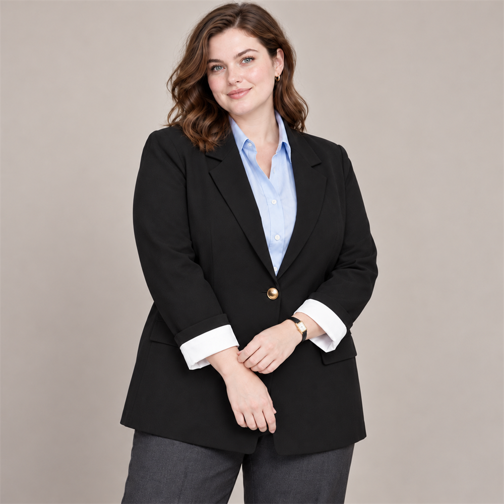Women’s Plus Size Black Contrast-Cuff Blazer