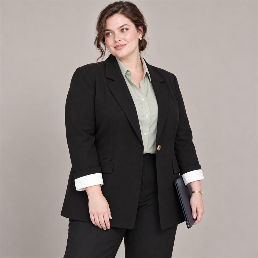 Women’s Plus Size Black Contrast-Cuff Blazer