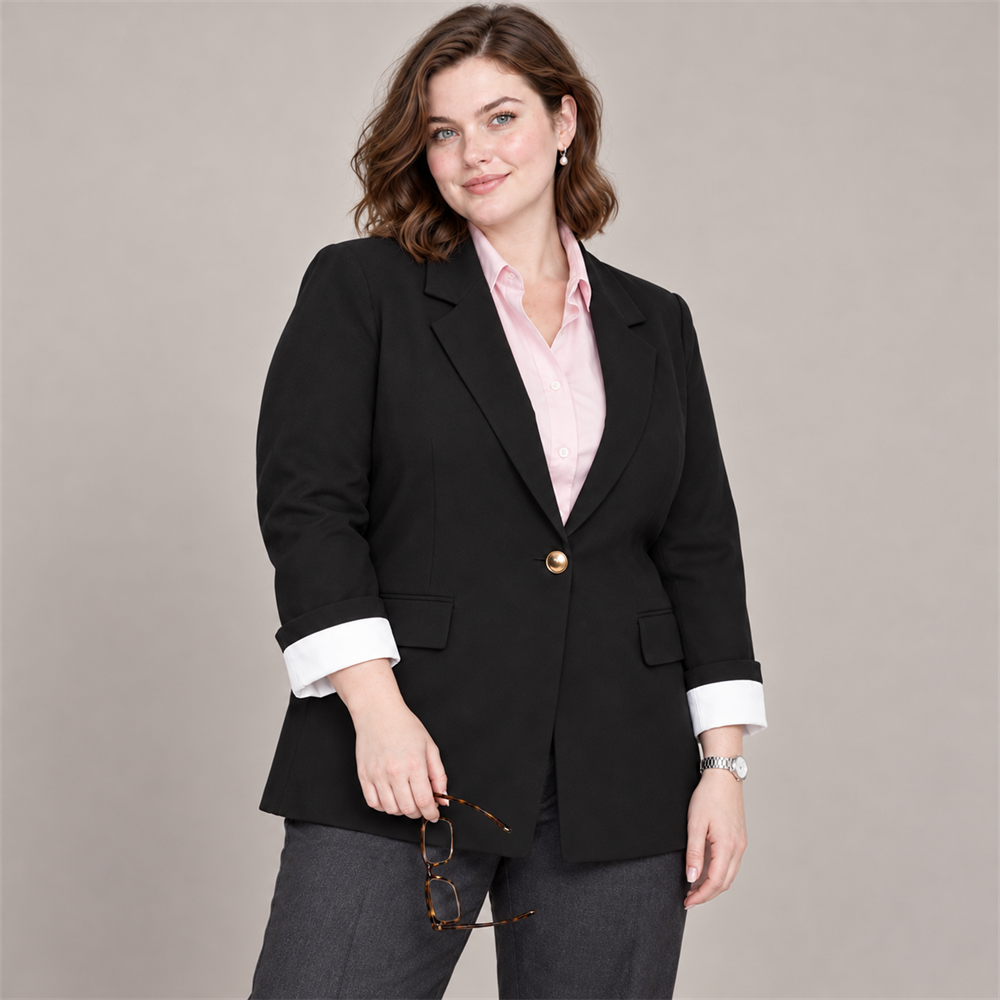 Women’s Plus Size Black Contrast-Cuff Blazer