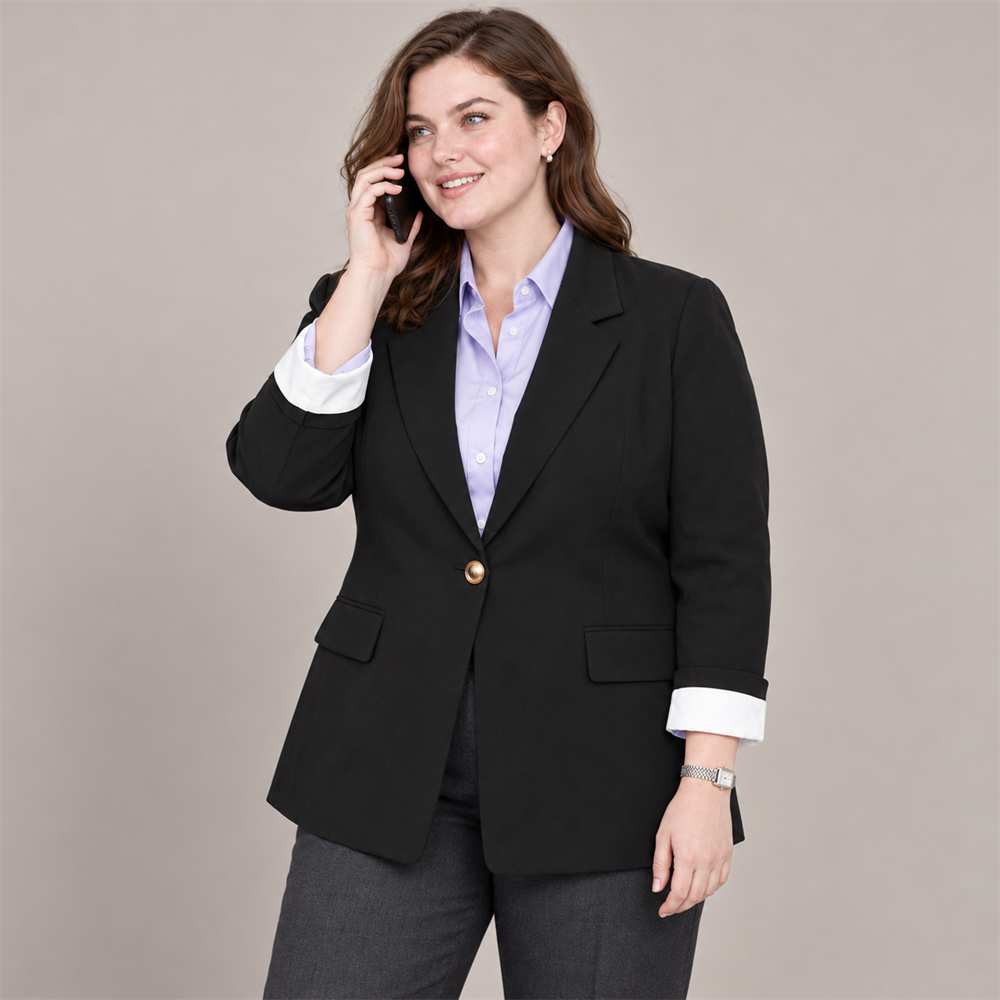 Women’s Plus Size Black Contrast-Cuff Blazer