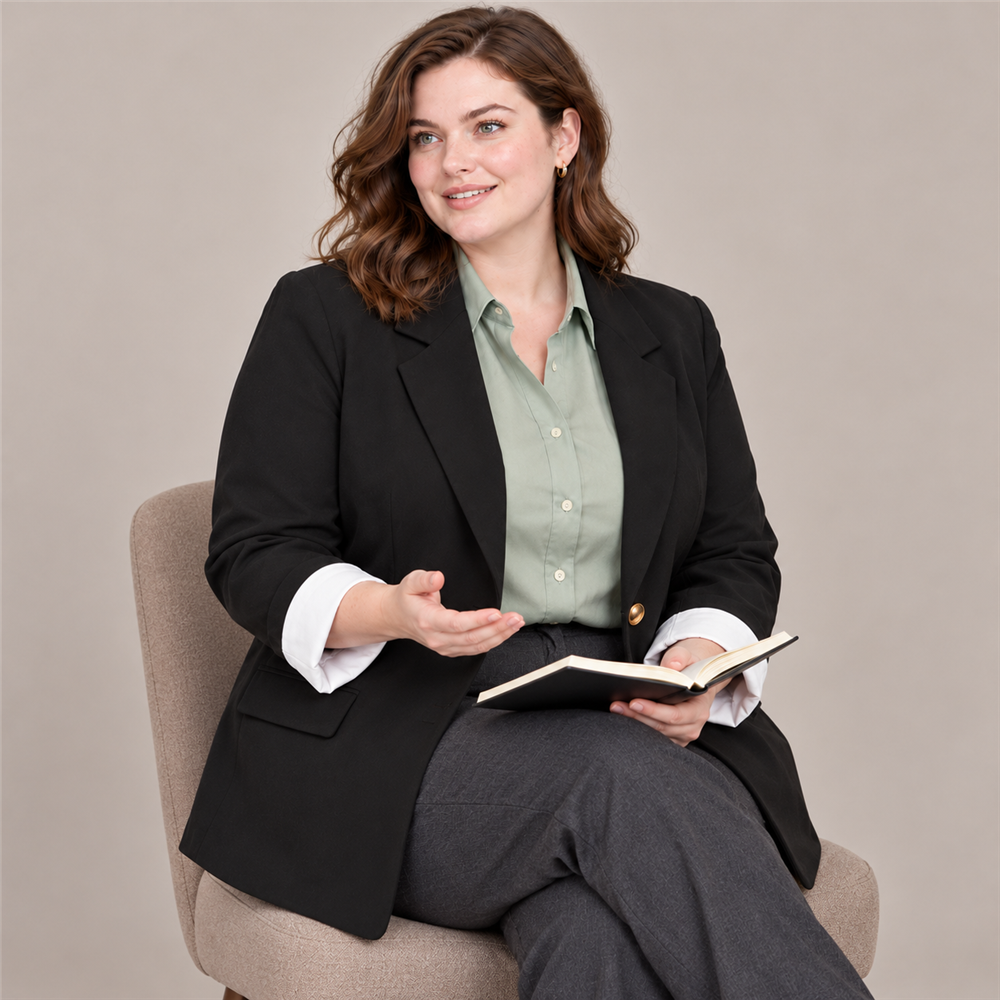 Women’s Plus Size Black Contrast-Cuff Blazer