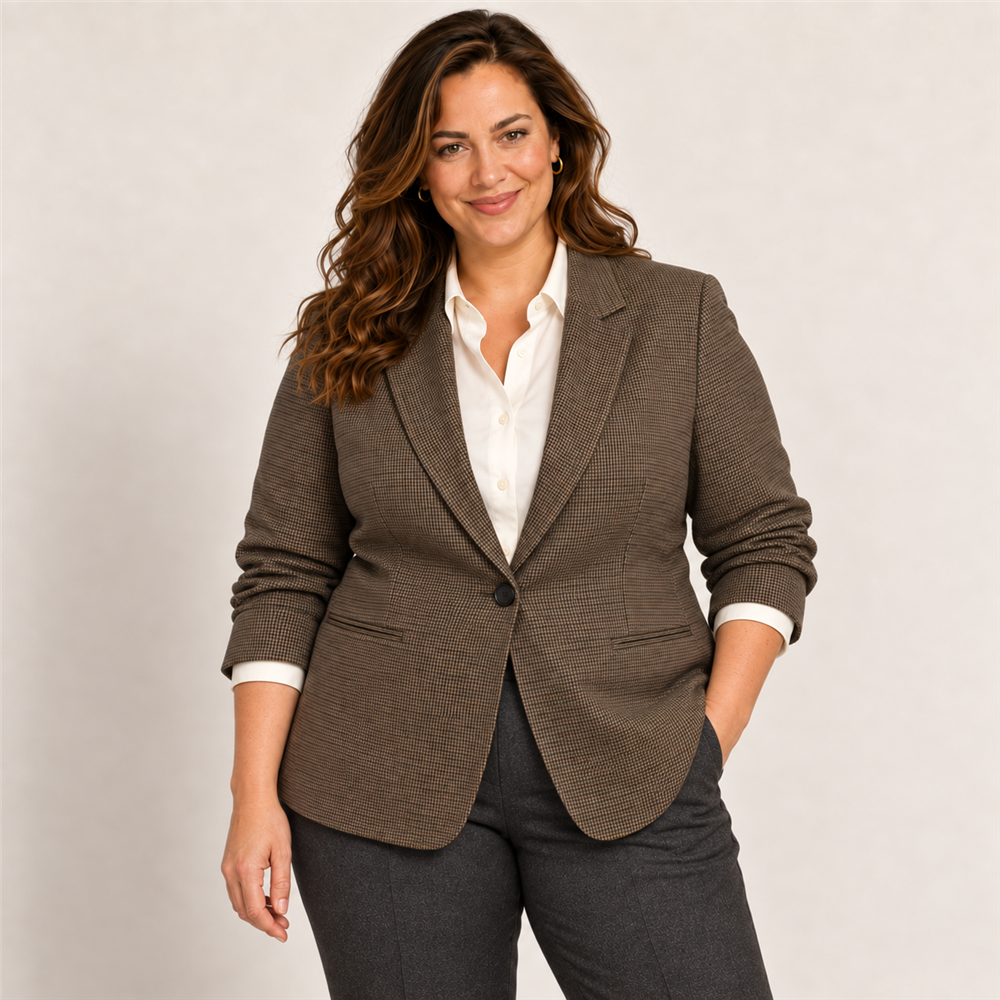 Women’s Plus Size Micro-Check Ruched Sleeve Blazer