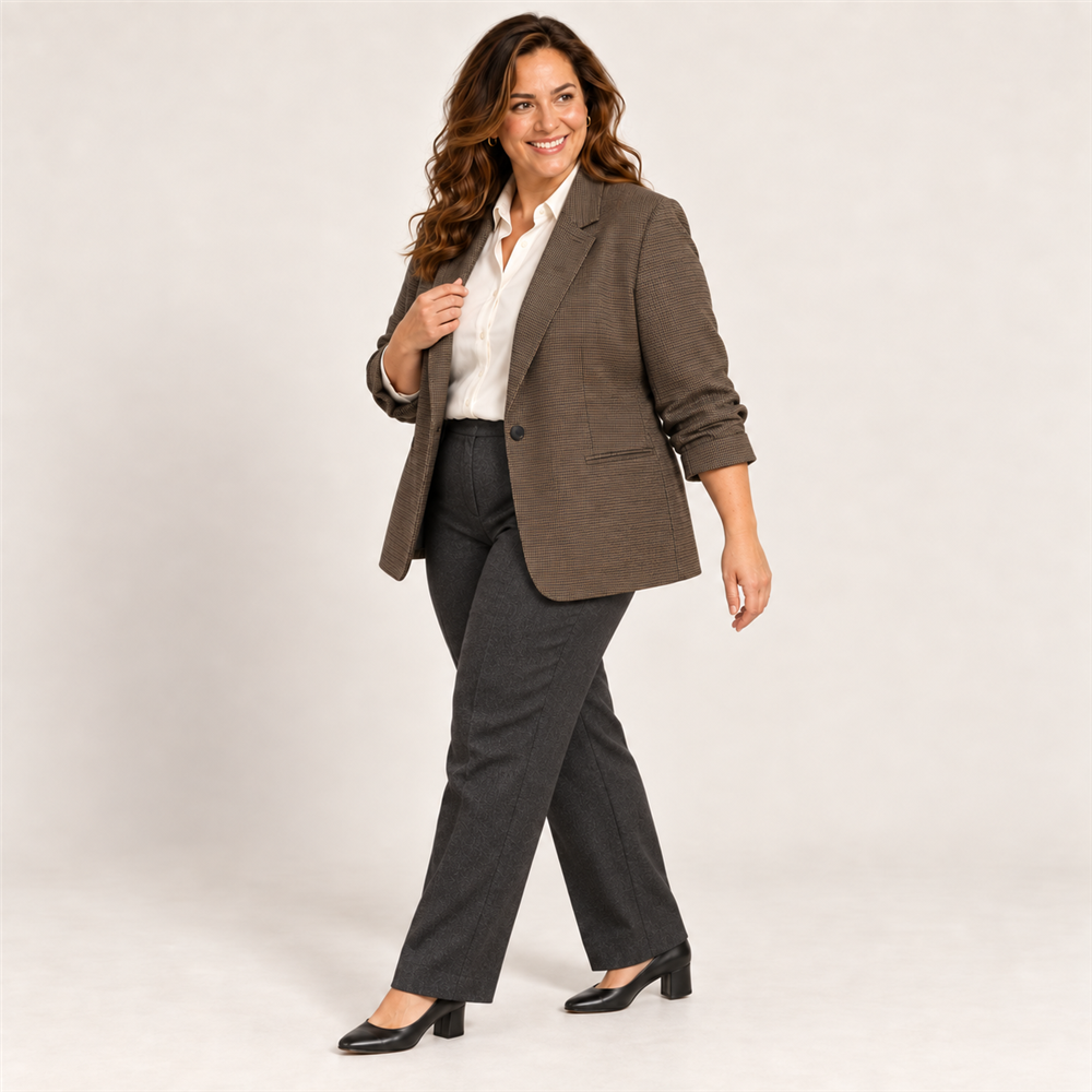 Women’s Plus Size Micro-Check Ruched Sleeve Blazer