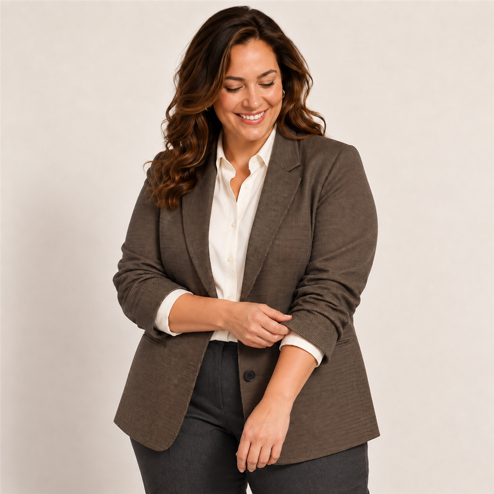 Women’s Plus Size Micro-Check Ruched Sleeve Blazer