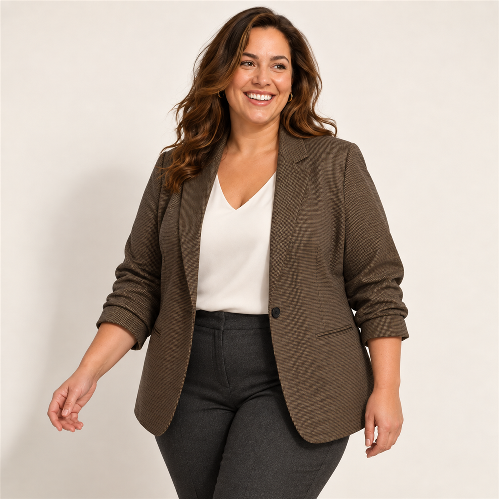 Women’s Plus Size Micro-Check Ruched Sleeve Blazer