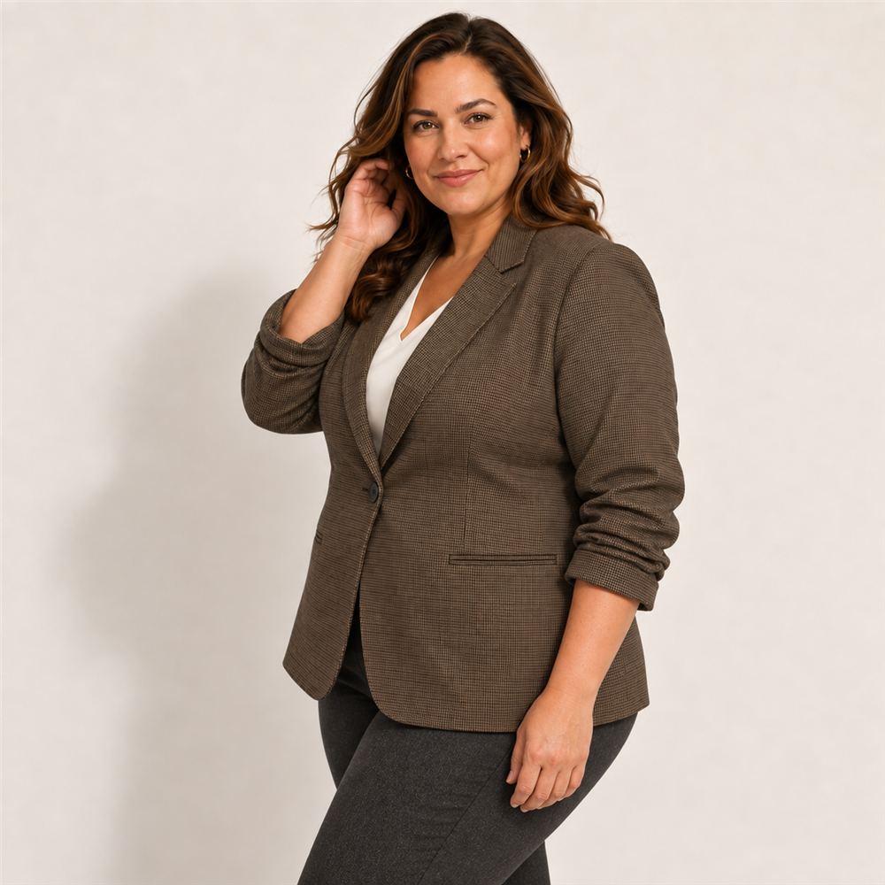 Women’s Plus Size Micro-Check Ruched Sleeve Blazer