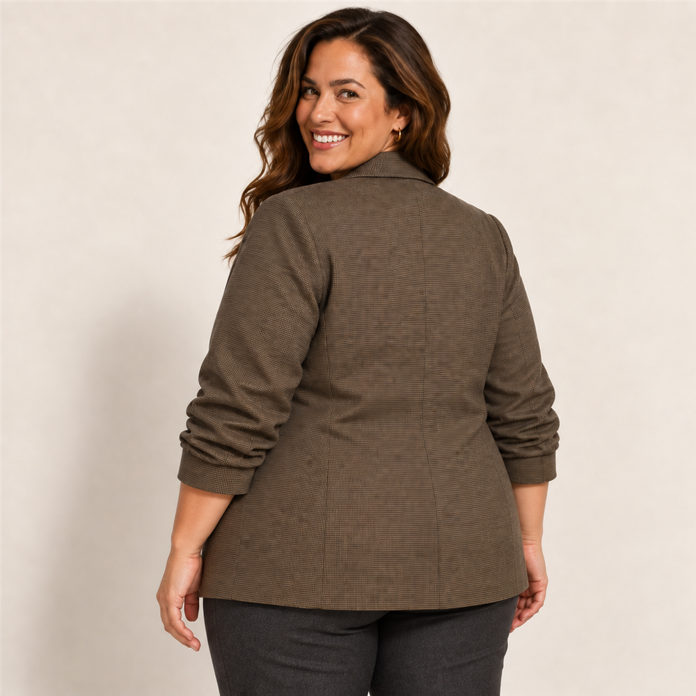 Women’s Plus Size Micro-Check Ruched Sleeve Blazer